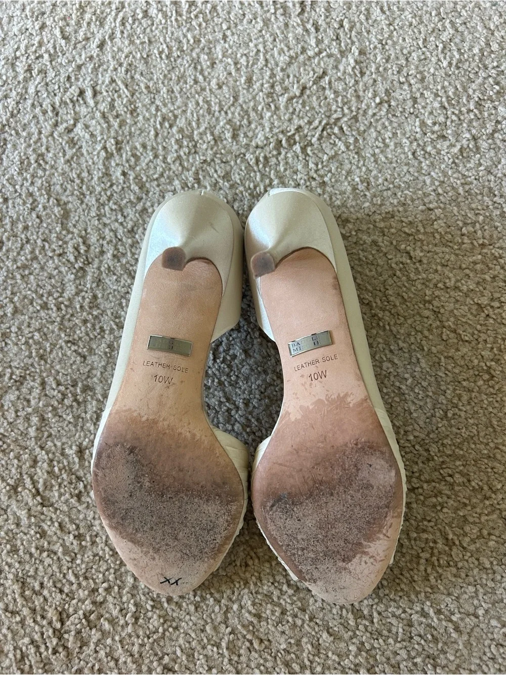 Badgley Mischka Ivory Satin Peep-Toe Heels with Crystal Brooch